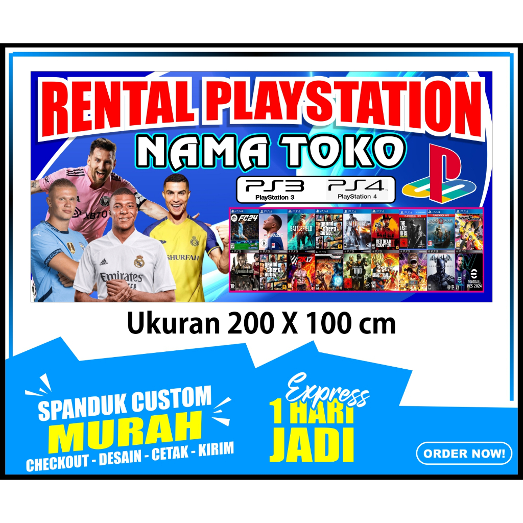 Banner RENTAL PS PLAYSTATION, Spanduk RENTAL PS PLAYSTATION, 200X100 cm, COD / Banner RENTAL PS PLAY