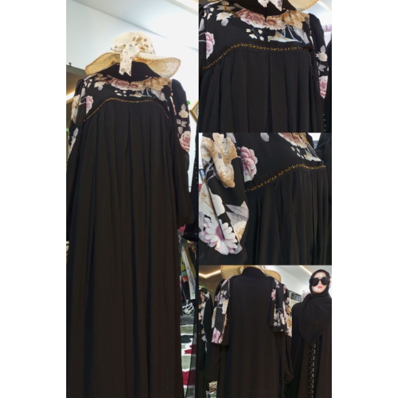 SET GAMIS DAN HIJAB CERUTY HITAM BUNGA LD 120