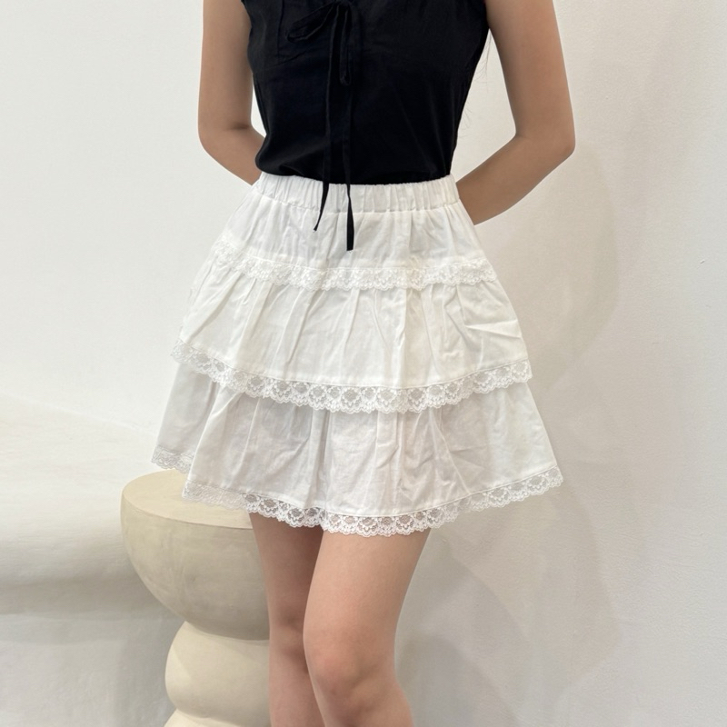 LILO Odell Skirt | Rok Mini Balon Tingkat 3 Rok Pendek Brukat Lace Korea Rok Hitam Putih Cream