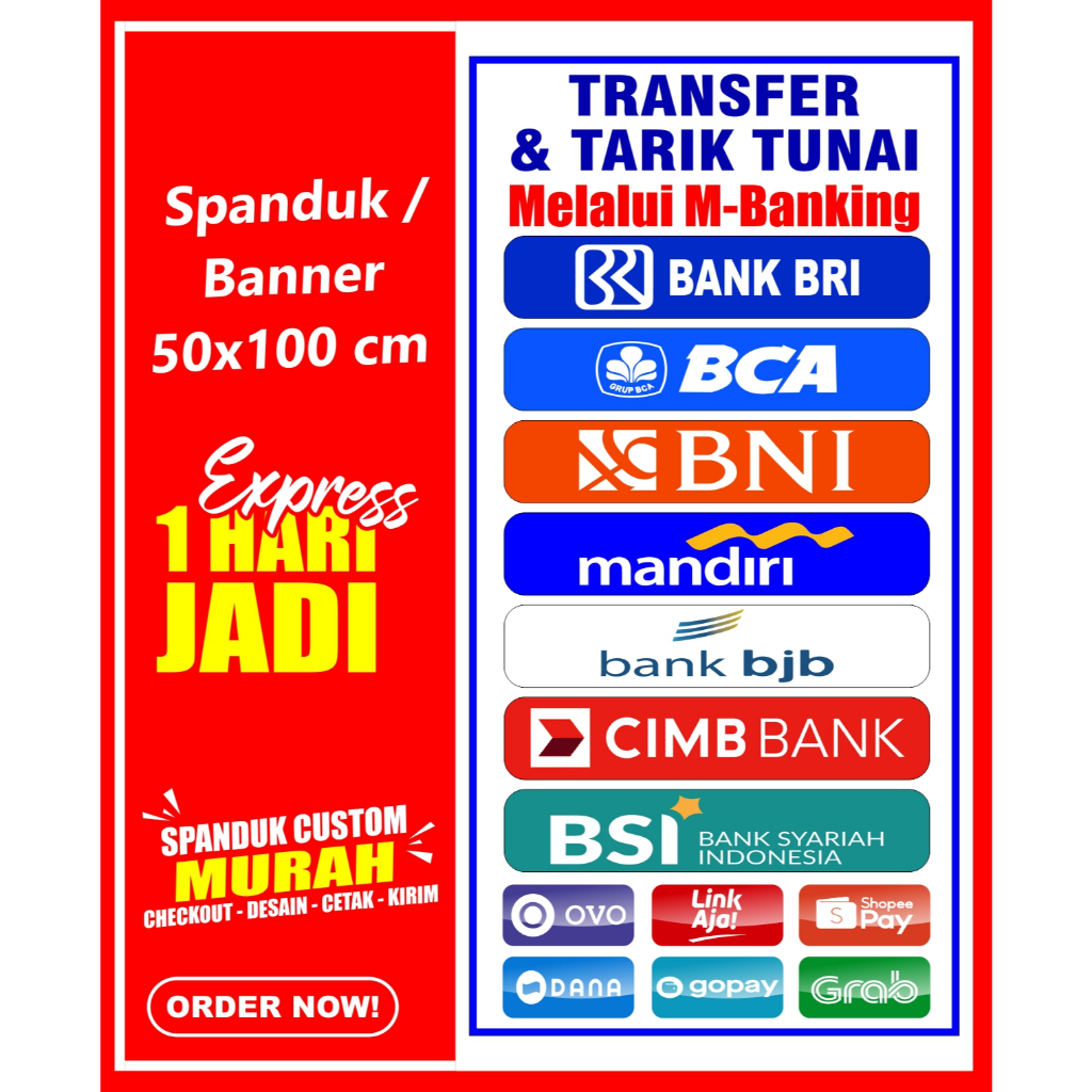 Banner TRANSFER UANG, Spanduk TRANSFER UANG DAN TARIK TUNAI, ukuran 50x100 cm, COD