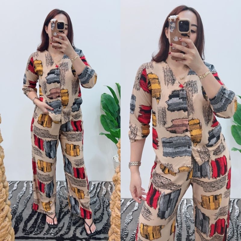 Grosir Natalia | BK Setelan Motif Kayu Material Rayon