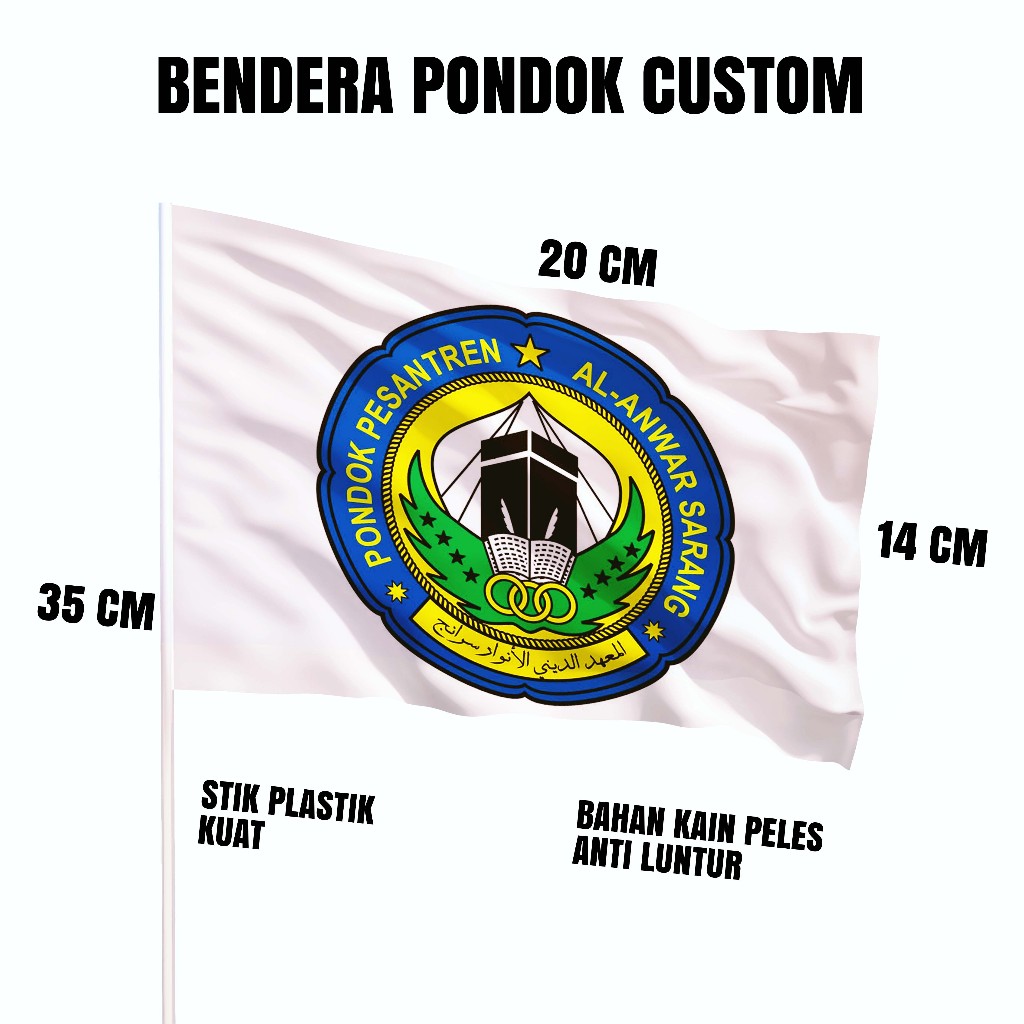 Bendera Tangan Ponpes Pesantren Custom Nama dan Logo Bahan Kain Ukuran 20x14 cm