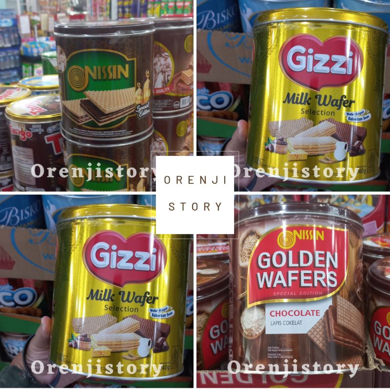 

nissin wafer kaleng 267gr special edition kue parcel lebaran dan golden wafer 233gr, gizzi milk wafer selection 240gr