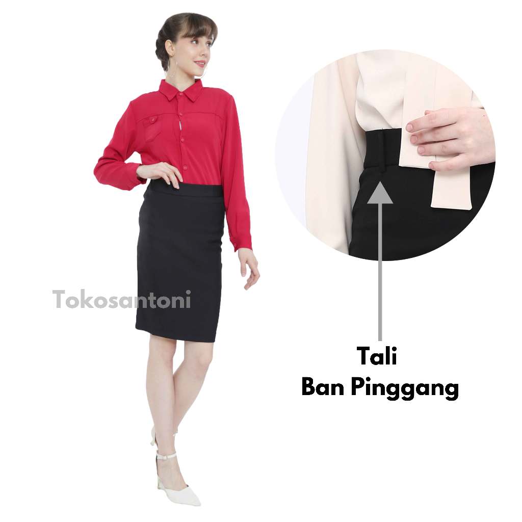 Tokosantoni Rok Span Pendek Kantor Selutut Tali Ban Pinggang Belahan Belakang Premium Warna Hitam