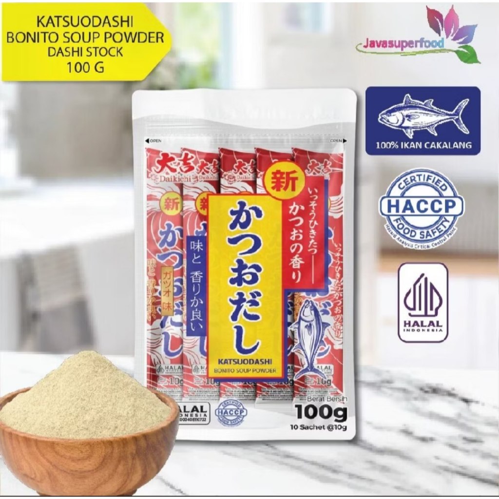 

Bubuk Ikan Bonito Kering - Daikichi Katsuodashi Bonito Soup Powder RED Stick - Bubuk Katsuobushi Kemasan MERAH - 100g (isi 10 sachet) - Halal