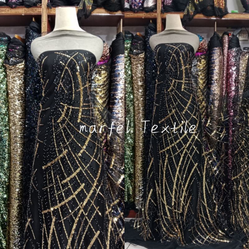 (COD) Bahan Kain Kebaya Tulle Dasar Hitam Full Payet Gold