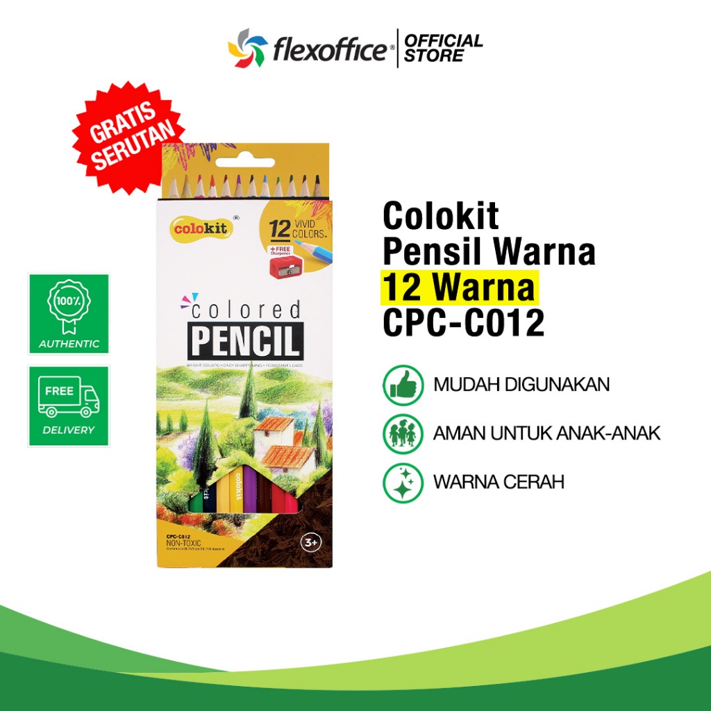 

FlexOffice Colokit Pensil Warna Premium CPC-C012 12Pcs/Set gratis serutan warna cerah kualitas