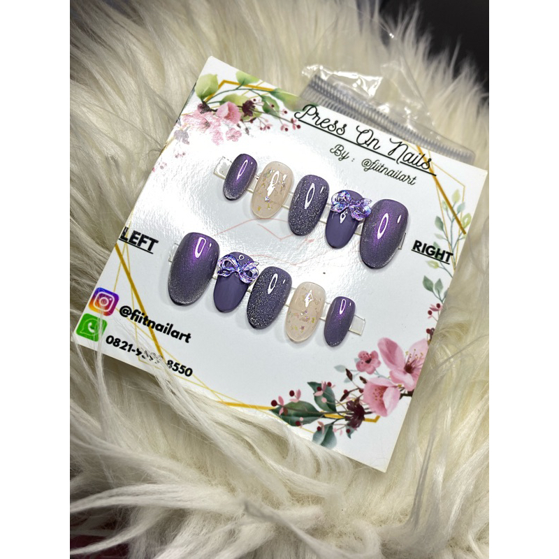 press on nails cat eye lilac ungu daily wedding (kuku palsu)