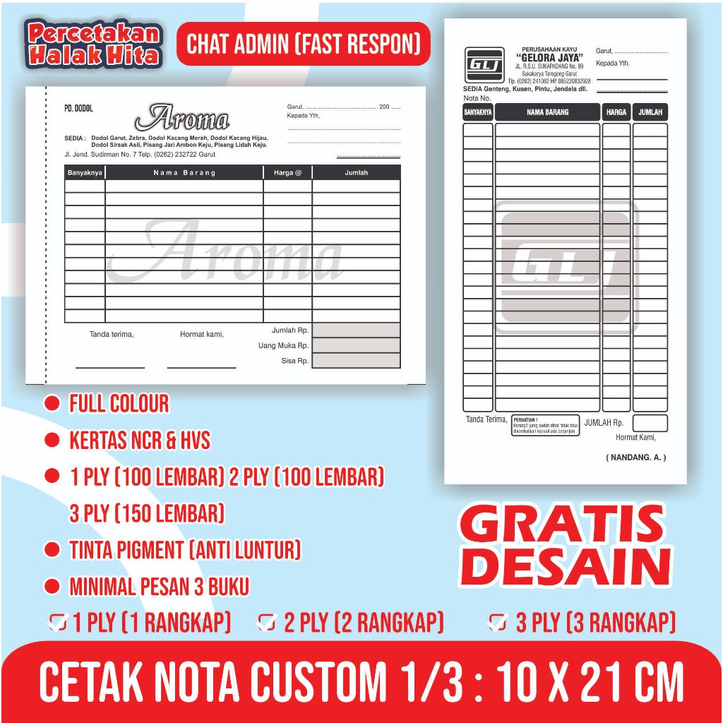 

Cetak Nota Custom 1/3 / Cetak Nota 1ply 2 Ply 3 Ply / Cetak Nota Custom Menggunakan Nama Toko Usaha Sendiri