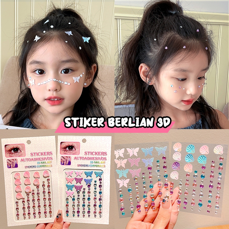 ROVEDCITY Stiker Dekorasi Wajah Berlian Anak-Anak Makeup Crystal Kupu-Kupu Stiker Makeup 3D Mutiara