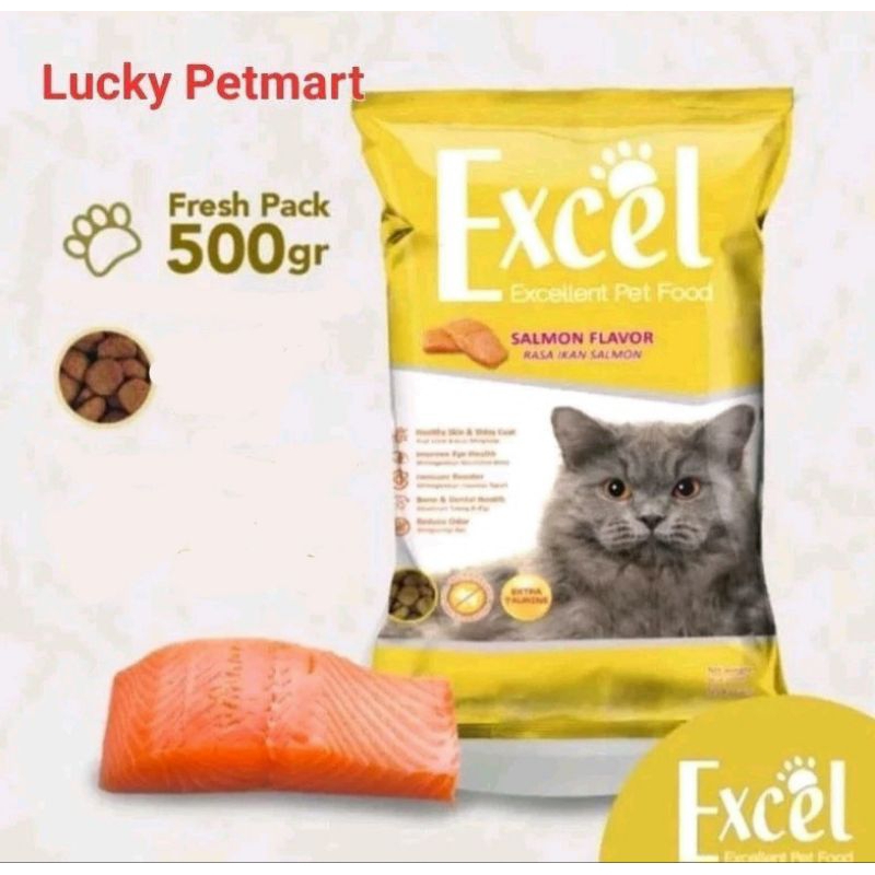 LUCKY - EXCEL Cat Food Rasa Salmon Flavor Makanan Kucing Kering 500 gr - Pelet Makanan Murah Untuk K