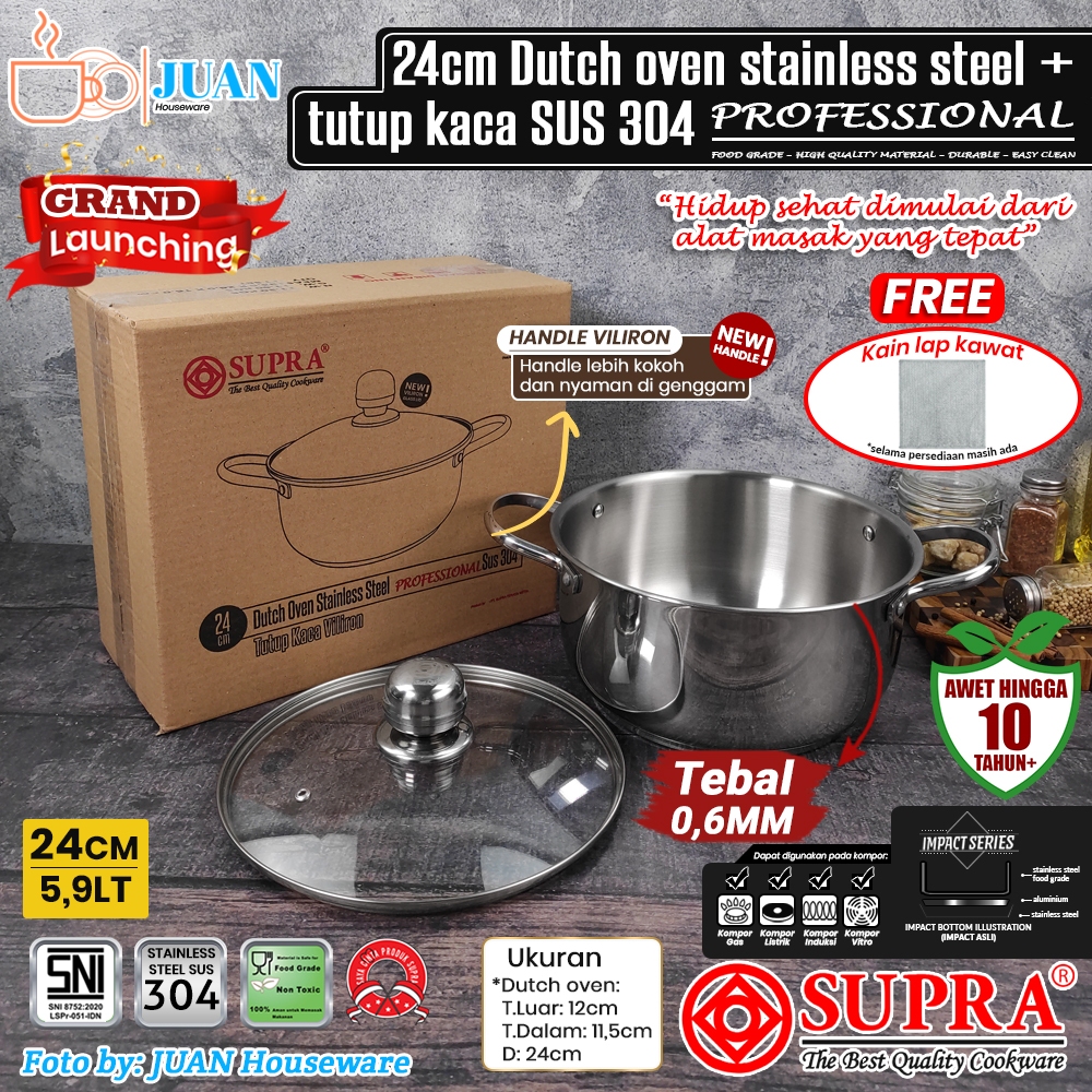 SUPRA 24cm panci dutch oven stainless steel sus 304 professional + steamer stainless steel / panci i