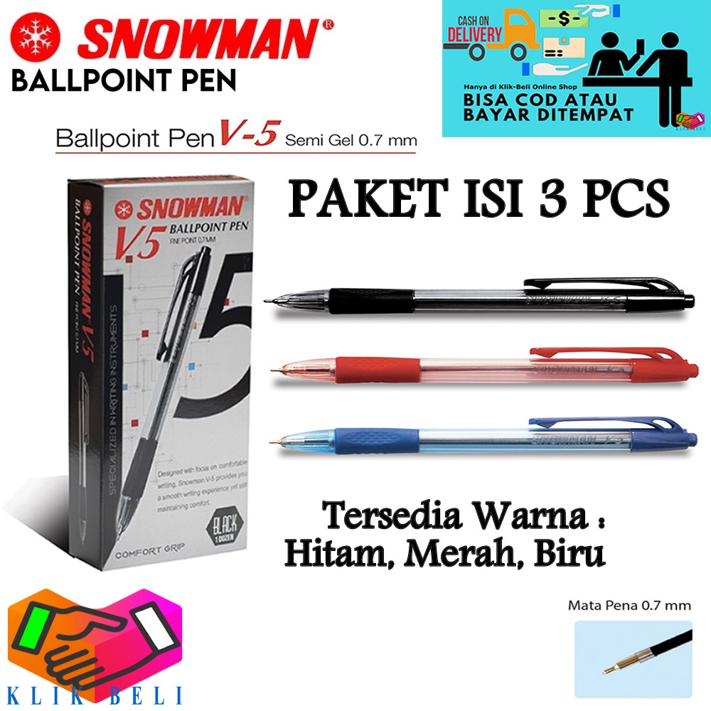 

(PAKET ISI 3 PCS) Ballpoint Pen V5 Snowman Bolpen Pulpen Tinta Ink Semi Gel 0.7 mm Bolpoin Pena