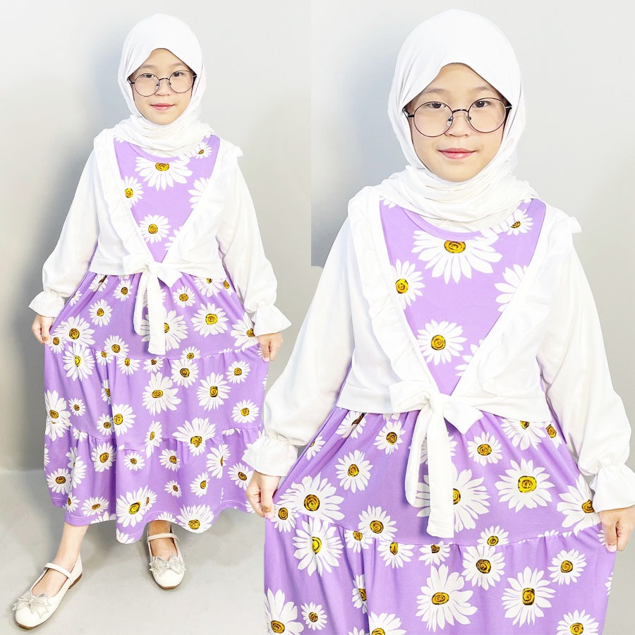 CARLINA – Gamis Anak Rompi Putih Ruffle Bunga Muslimah Kaaffah 3-13 tahun Dress Panjang Kids
