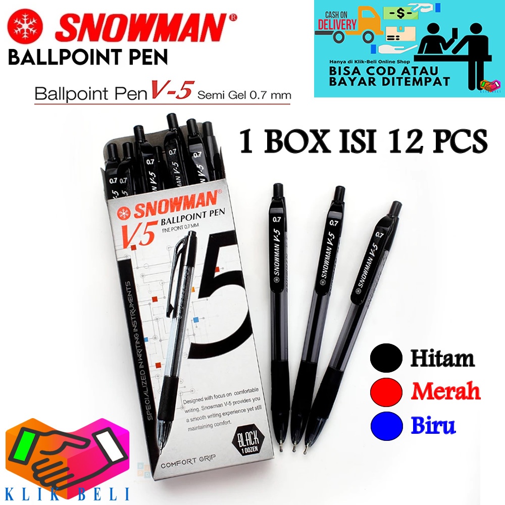 

[LUSINAN] Snowman Ballpoint Pen V5 Bolpoin Pulpen Pen Ink V-5 Semi Gel 0.7 mm Ballpoin Bolpen - 1 Box Isi 12 Pcs