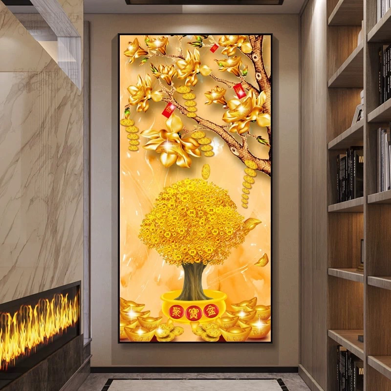 Lukisan Porcelain 5D Diamond Motif Bunga Gold Pajangan Dinding Porselen 5 Dimensi Kristal Timbul Poh