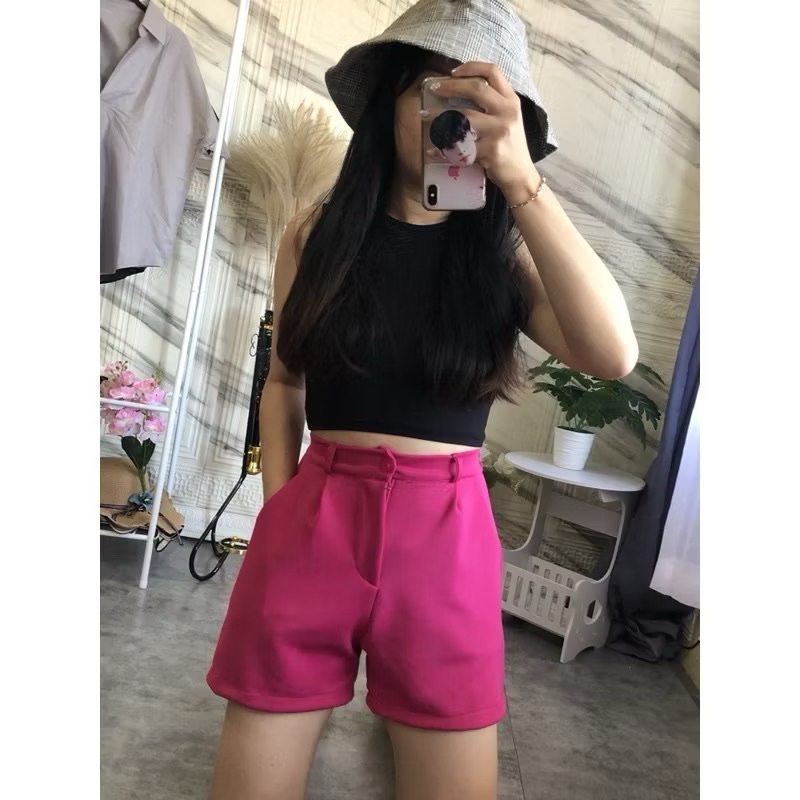 Celana Pendek Wanita Fuschia Magenta Pink HW High Waist Hot Pants Hotpants Highwaist Scuba One Butto