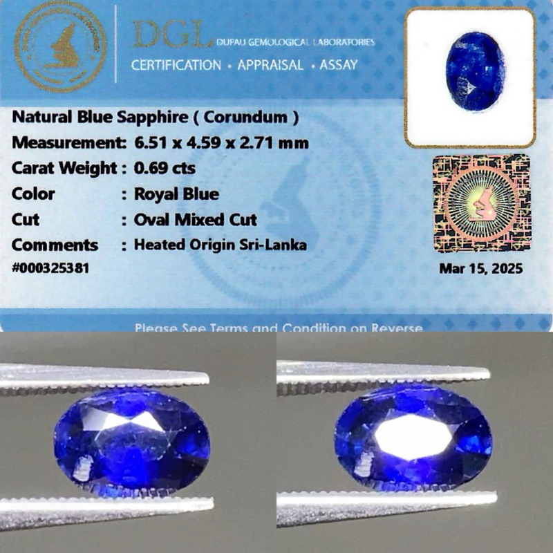 0,69 cts Natural Royal Blue Sapphire origin Ceylon Sri Lanka Memo DGL