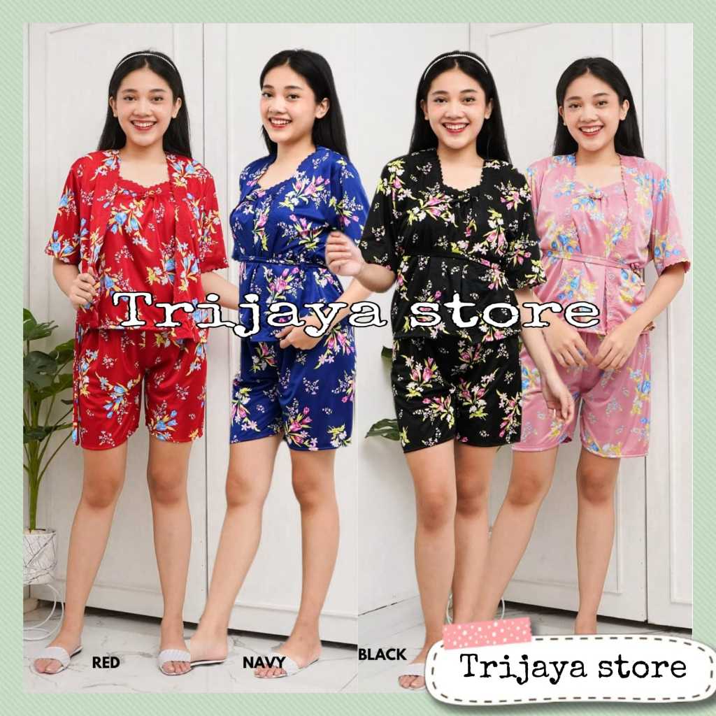 Trijaya . setelan Kimono celana pendek satin / set tricot kimono lingerie motif bunga KD.369