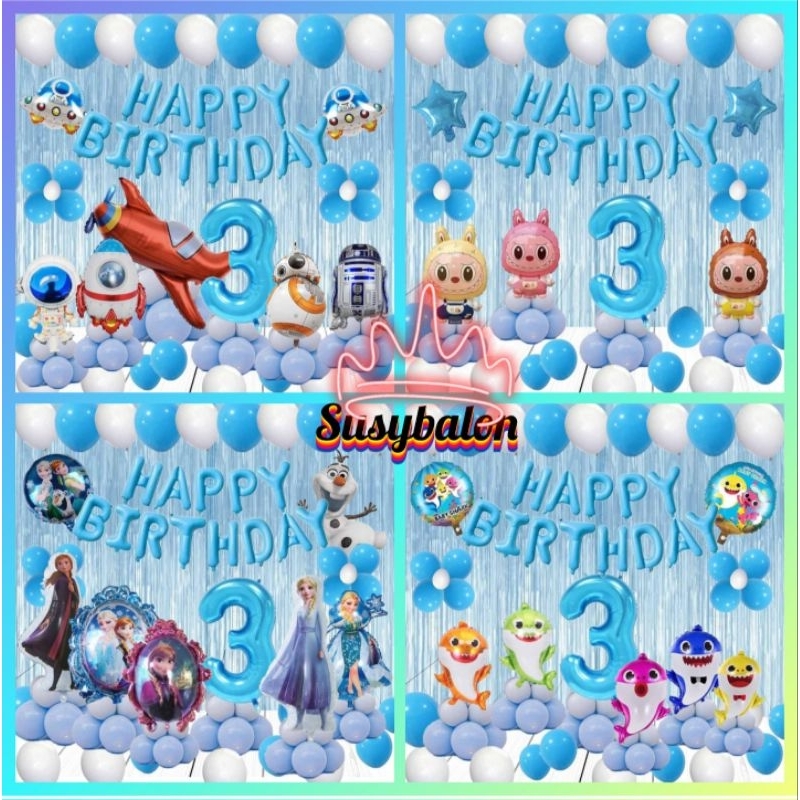 Paket dekorasi tema labubu/babyshark/Astronot/Frozen/dekorasi ulang tahun anak