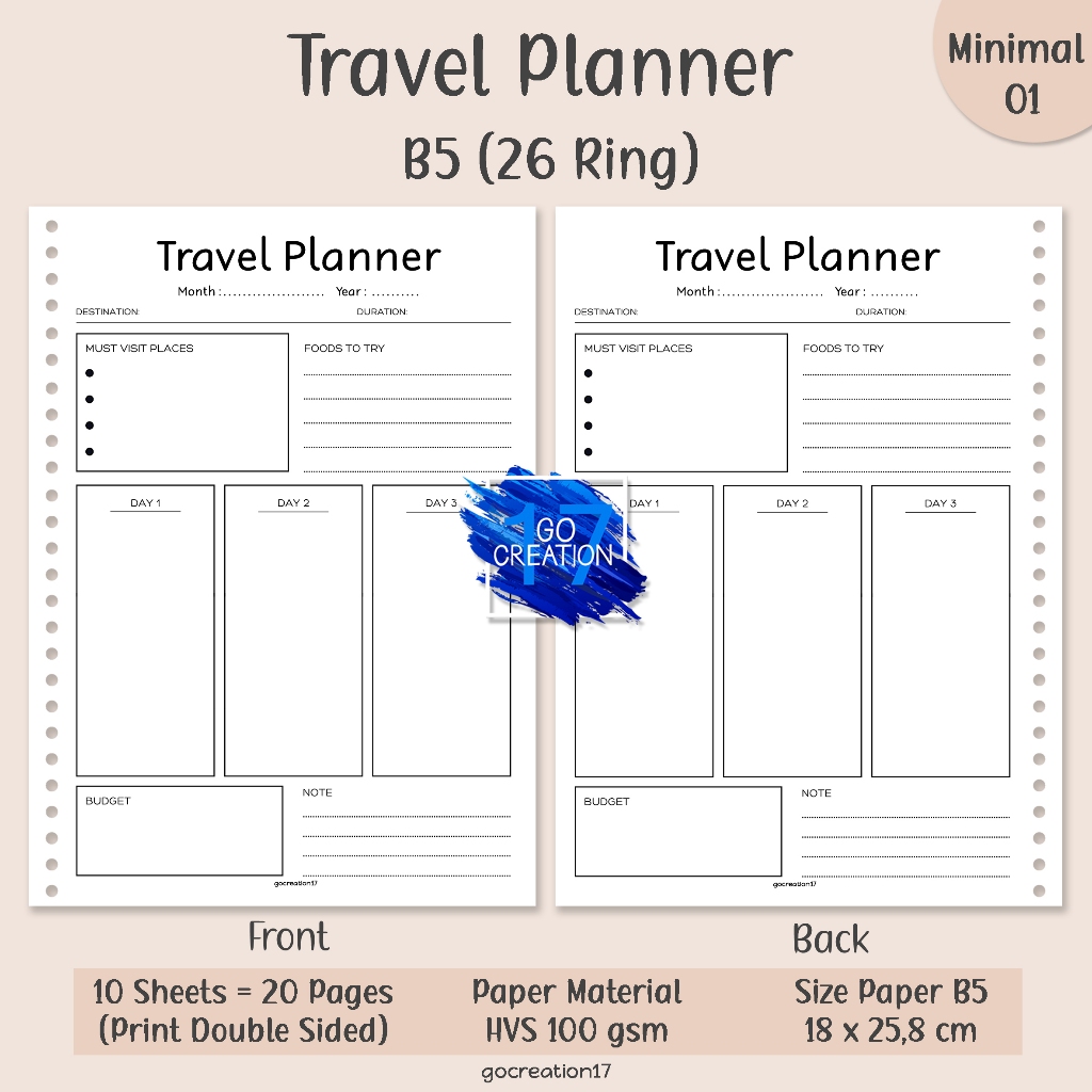 

Buku Planner Kertas Isi Binder Travel Plan Simple Minimalis B5
