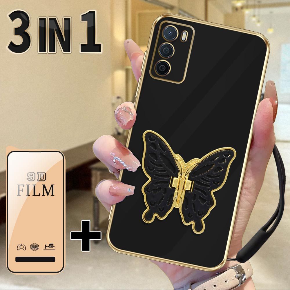 3 in 1 Aesthetic Casing untuk OPPO A16 A16s Case + Pelindung Keramik HD + Dudukan Multifungsi Kupu-k