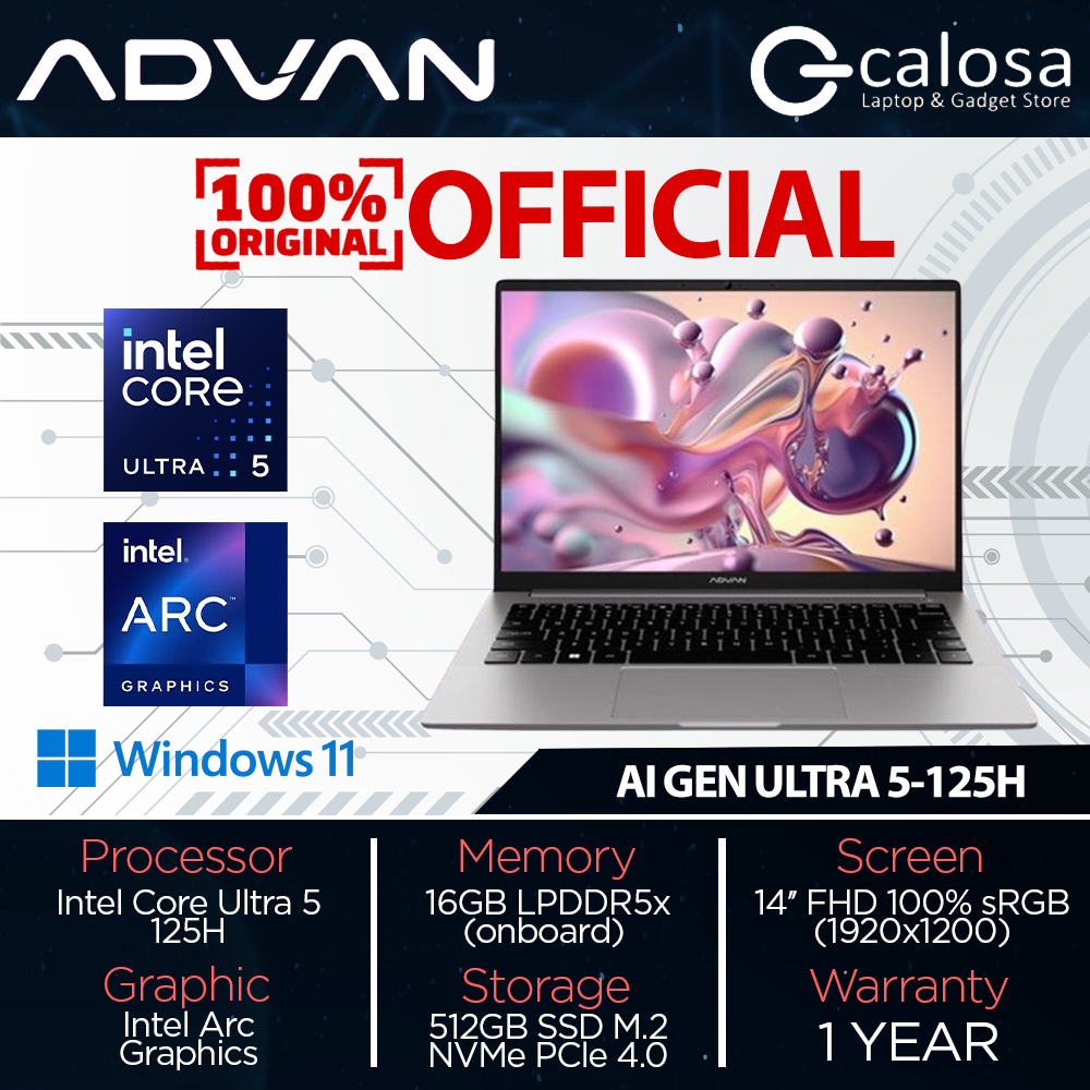 Laptop Advan AI Gen Intel Core Ultra 5 125H RAM 16GB SSD 512GB IPS 100% sRGB 100%sRGB Windows 11