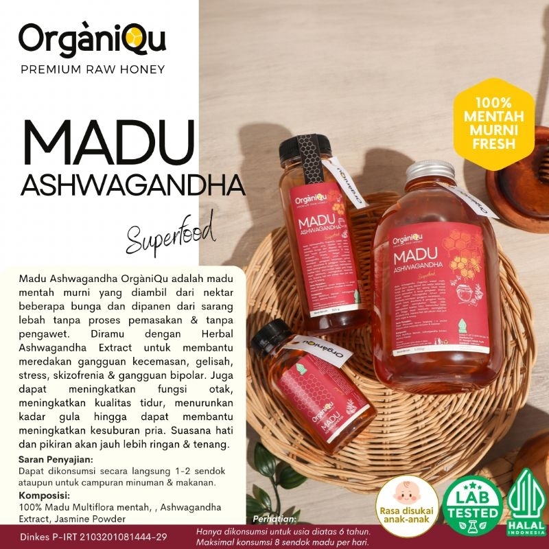 

OrganiQu Premium Raw Honey + Ashwagandha Madu Mentah Khusus menjaga kesehatan mental