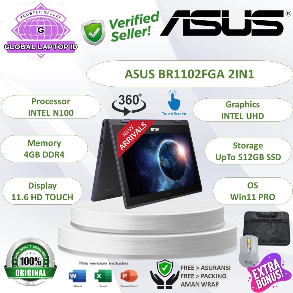 Laptop 2in1 Asus BR1102FGA Intel N100 RAM 4GB 512GB SSD 11.6 Inch HD Touchscreen Windows 11 Pro