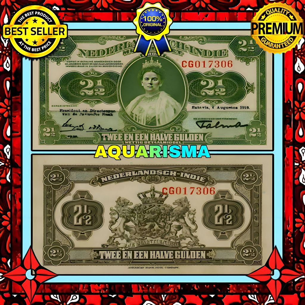 KOLEKSI NUMISMATIK - KERTAS UANG KUNO 2½ GULDEN HINDIA BELANDA WILHELMINA 1919