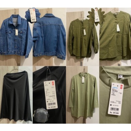 UNIQLO Denim Jacket, Green Army Long-sleeved T-Shirt, Satin Silk Skirt