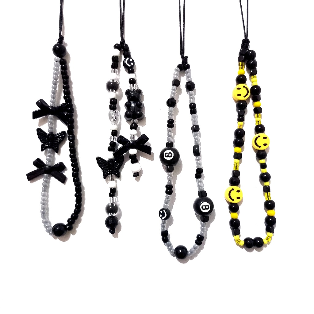 BLISS A BEADS Phonestrap Black Butterfly Ribbon Billiard Smile Yellow Black | Tali Gantungan Handpho