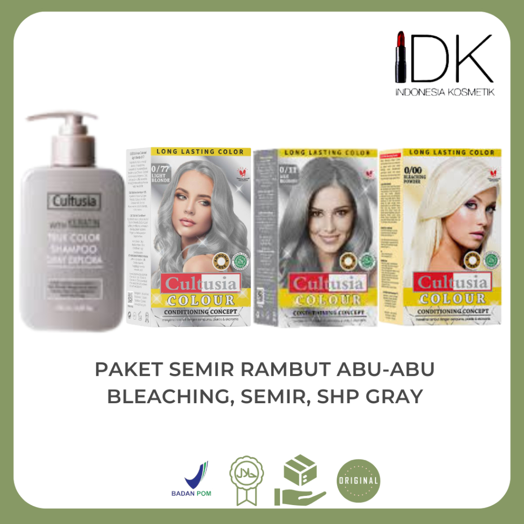 Cultusia Paket Semir Rambut Warna Abu-Abu/Gray  (Shampo Gray+Semir Gray+Bleaching)