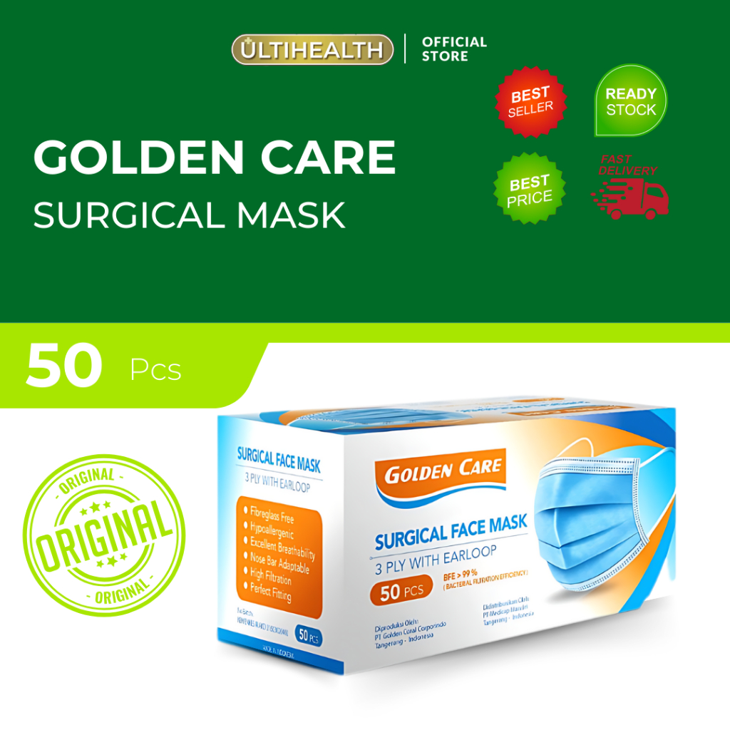 MASKER HIJAB GOLDEN CARE 3 PLY HEADLOOP BFE 99% 1 BOX ISI 50 PCS