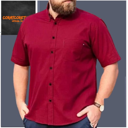 CAPTAIN Hem Pria Kemeja Cowok Jumbo Big Size Ukuran Besar Pendek Polos Kancing Kantong Saku MERAH MA