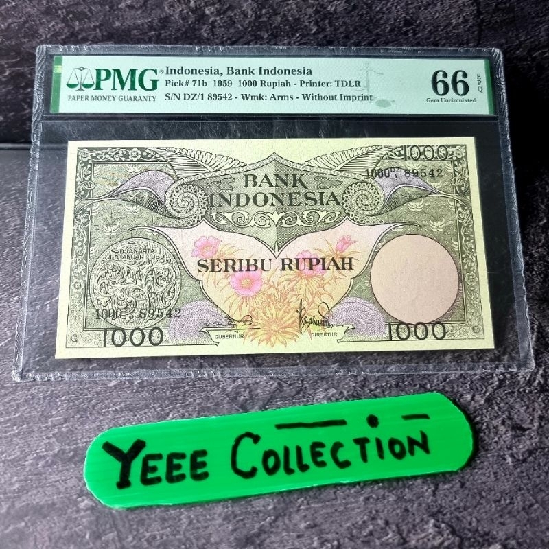 Uang Kertas Kuno 1000 Rupiah Seri Bunga Tahun 1959 PMG 66 EPQ - DZ/1 89542
