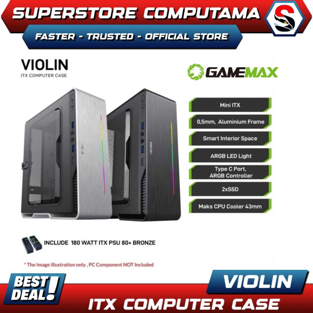Casing GameMax Violin Ultra Slim Mini-ITX Gaming PC Case With LED Rainbow