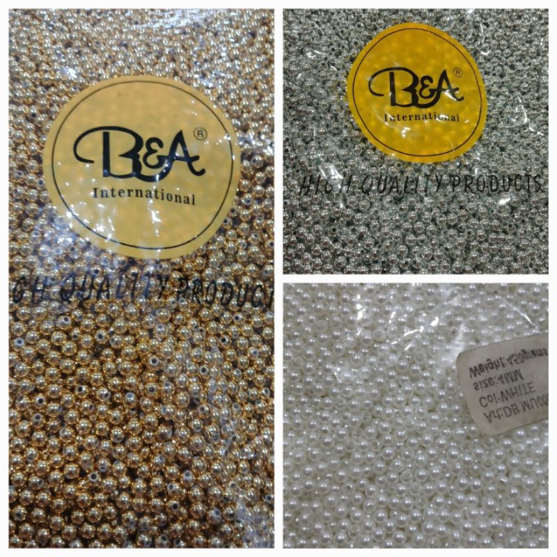 manik bulat merk bna warna silver, gold dan mutiara putih ready uk 3,4,5,6 dan 8mm untuk kerajinan b