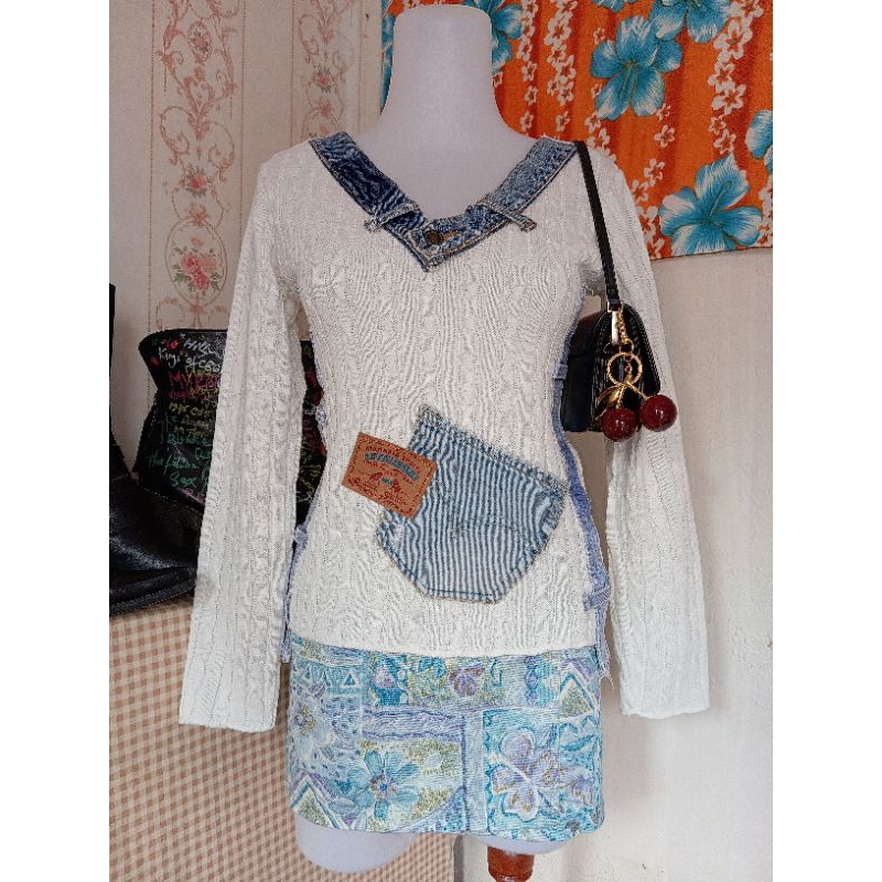 VINTAGE MARAXIA JEANS PATCHWORK CABLE KNIT FITTED TOP