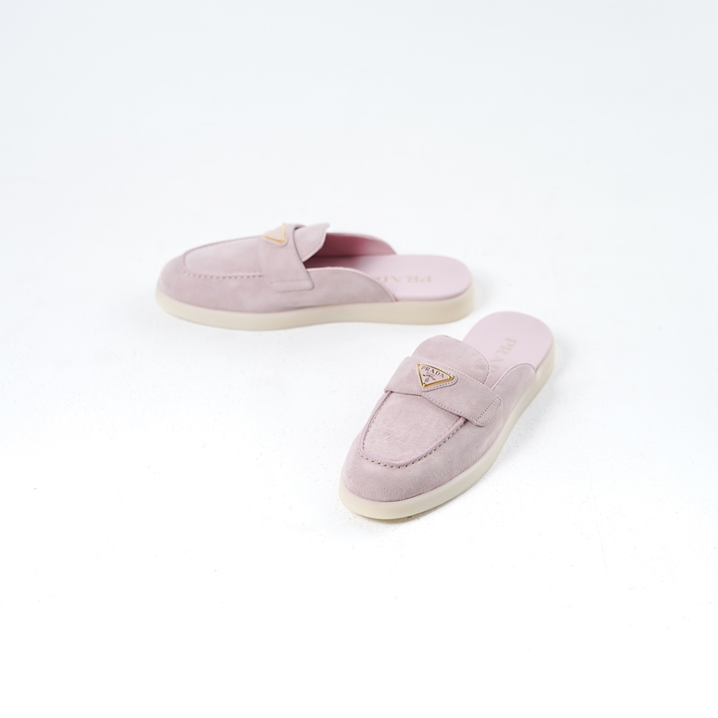 Sepatu PRADA TRIANGLE SUEDE ECRU PINK MULES 100% ORIGINAL