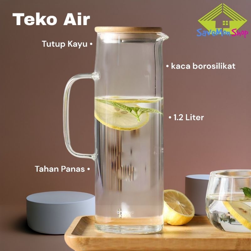 Teko Kaca Tutup Kayu 1500 ml Pitcher Water Jug Drink Set Transparan Botol Minum Jumbo Kaca