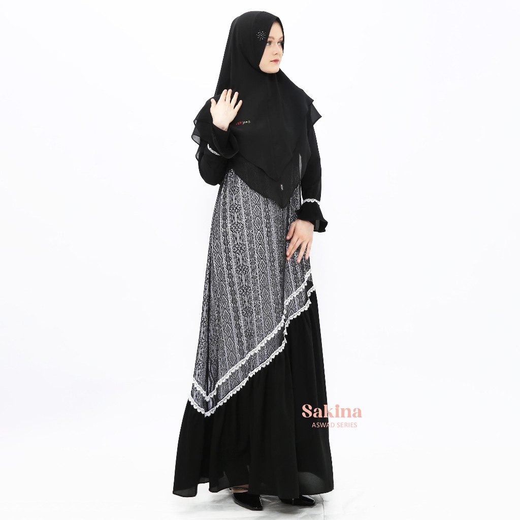 Umyas Boutique | Sakina baju gamis motif | gamis renda | gamis renda brokat | abaya hitam putih