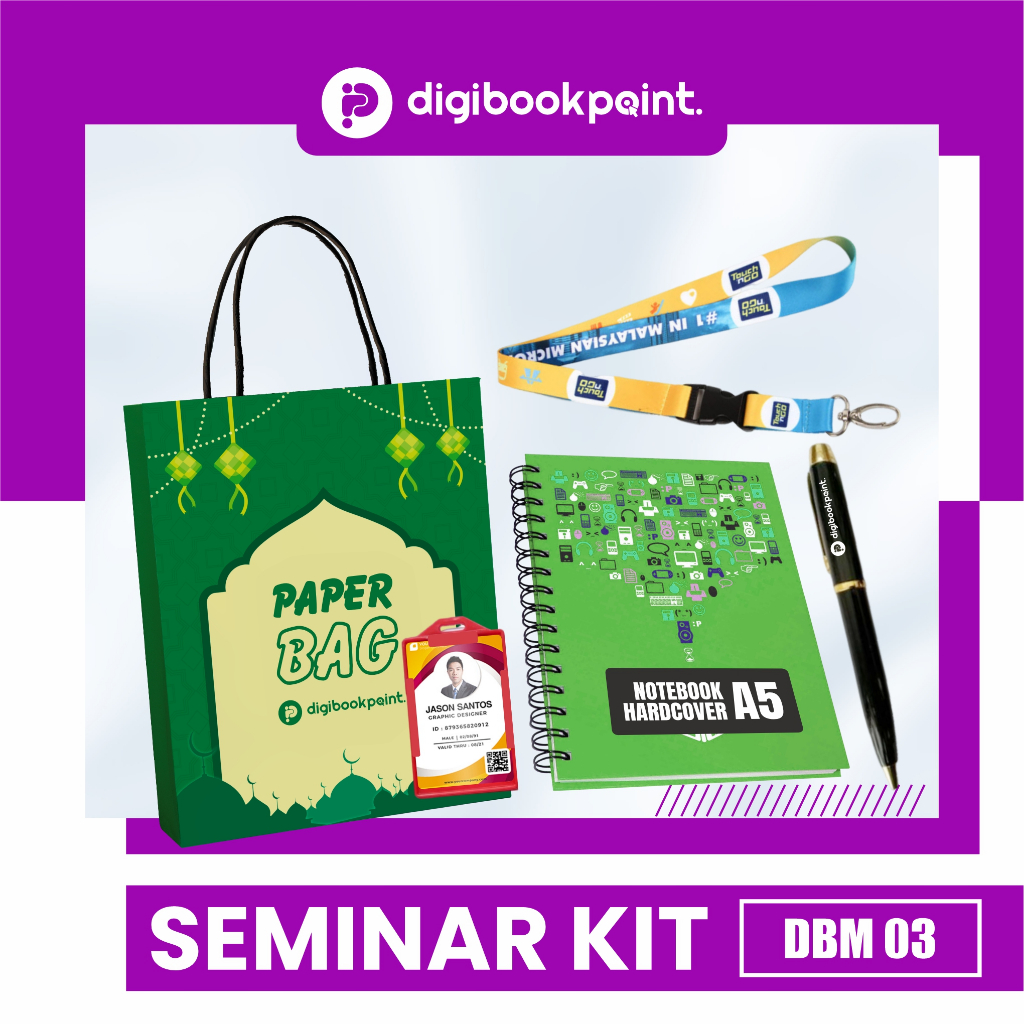 

Paket Seminar Kit Custom isi 4 - Paper Bag , Notebook Hardcover A5 , Pulpen Besi Grafir, Lanyard Printing - DBM 03
