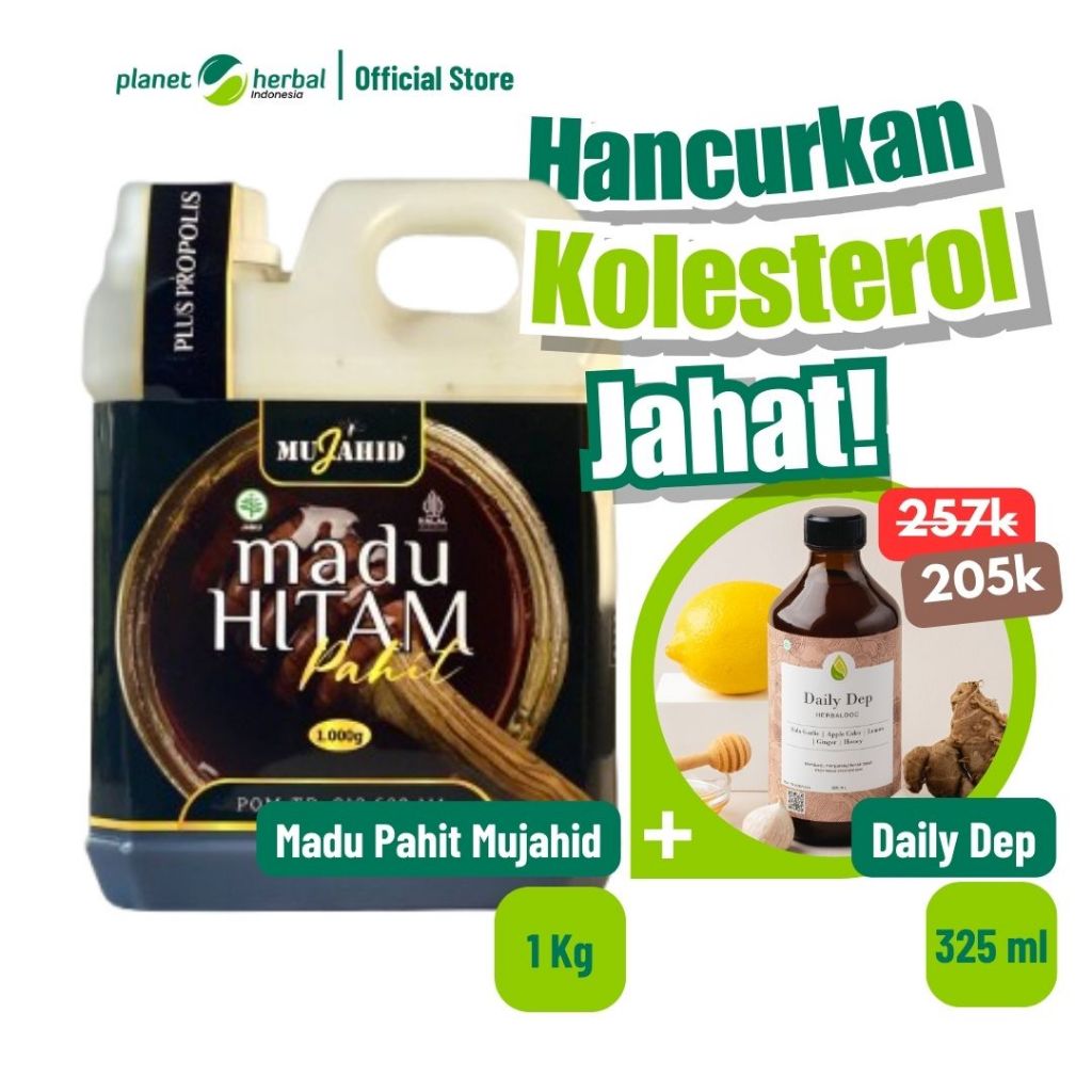 

Bundling Hemat Madu Hitam Pahit 1 kg Mujahid + Daily Dep 325 ml Herbaldoc Untuk Penderita Kolesterol