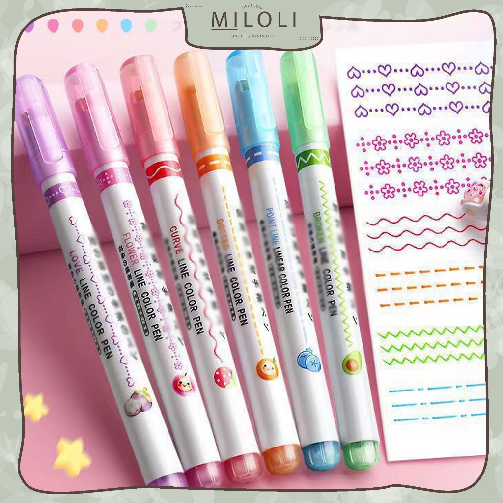 

[MILOLI] 6Pcs LINEAR COLOR PEN Highlighter Roller Tip Pena Curva Mekanik Pen Gel Rectrable Pen Warna Warni Minimalist - D0052