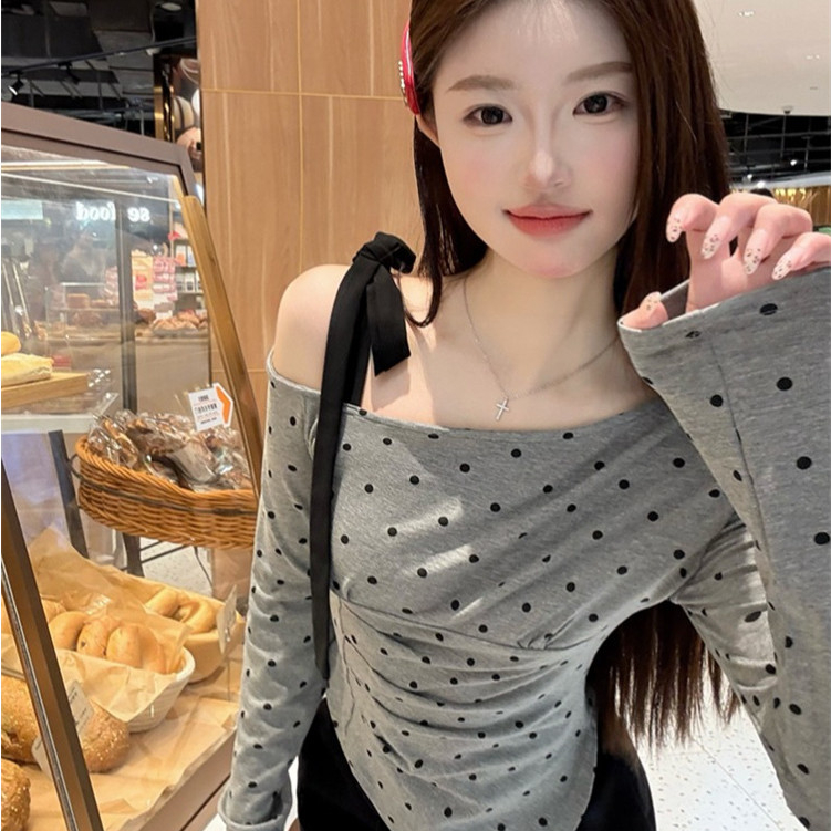 [Enamor] Blazer Wanita Grey Polka Titik Off-Shoulder Tees Jatuh Top Short kaos yang tidak beraturan