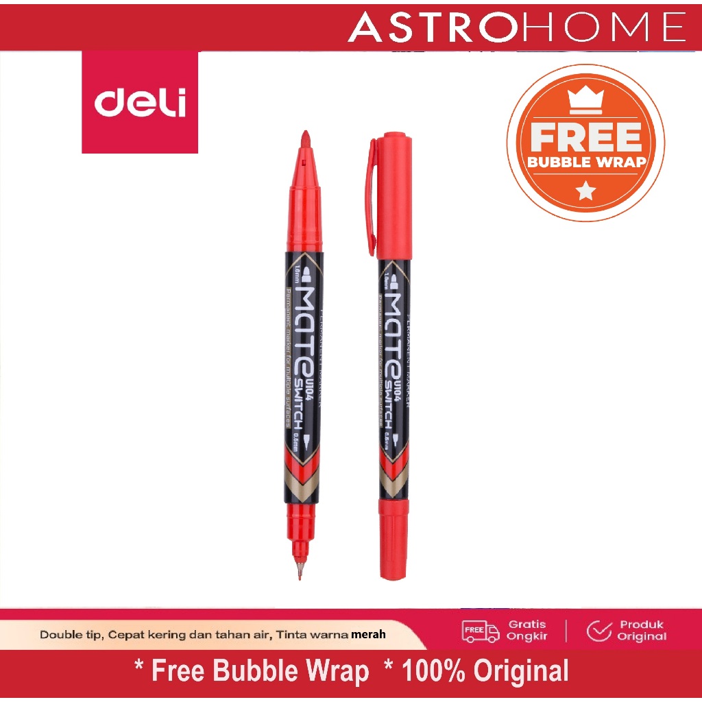 

Spidol Deli MATE Permanent Double Tip 2-Tip 2 Sisi 0.5mm & 1.0mm Bullet dan Needle - U10440 EU10440 Permanent Marker Ink Red 1.0mm/0.5mm / Spidol Permanen Merah