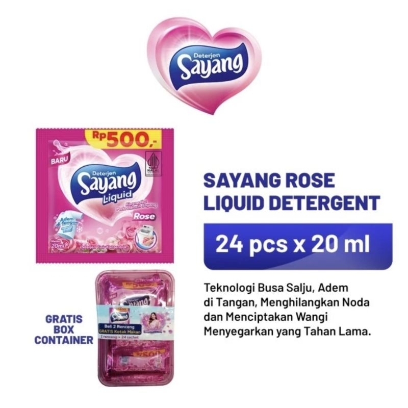 Sayang Detergent Liquid / Sabun Cuci Baju Cair sachet 20 ml gratis sealware / kotak wadah isi 24 pcs