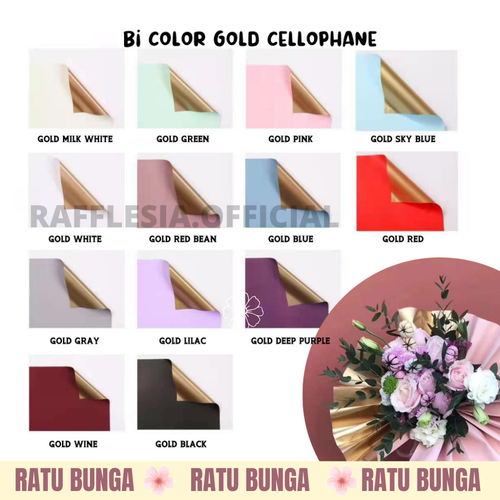 

[5 LEMBAR] Flower Wrapping Paper Bi Color Gold Emas Cellophane Kertas Bunga Korea