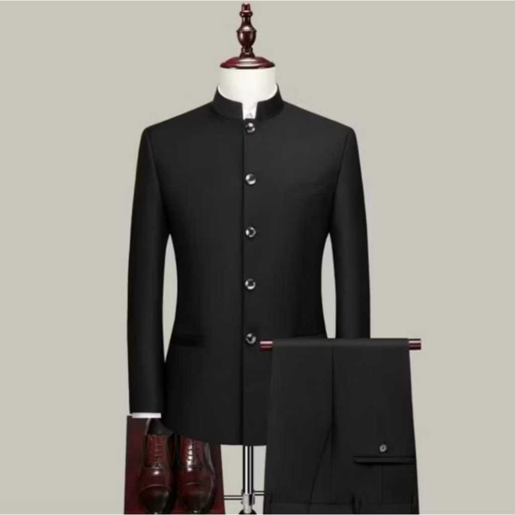 2 In 1 Setelan Jas Koko dan Celana Set Jas Mandarin Pria Dewasa Full Puring Jas Santri Guru